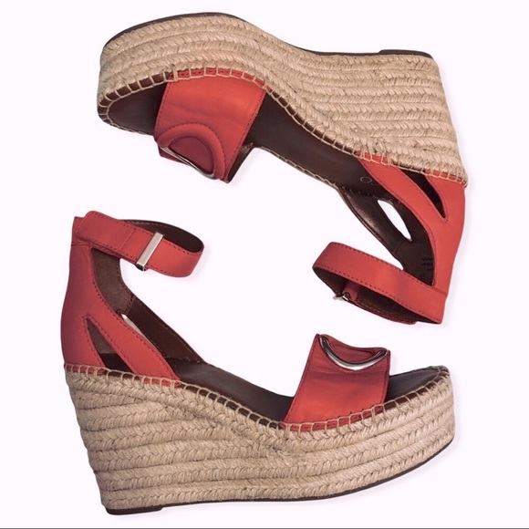 👡 Coral Red Leather Espadrilles Wedge Heels Silver Accents FRANCO SARTO - Picture 3 of 16